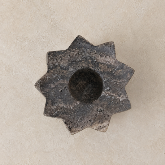 Carved Gray Travertine Taper Holder
