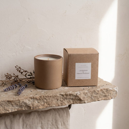 Na Nin Terracotta Ceramic Candle, Lavender / Frankincense, styled at home
