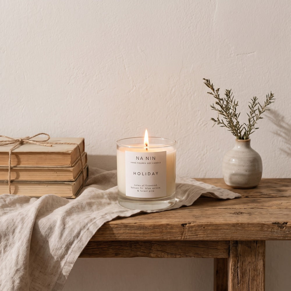 Na Nin Glass Candle - 8oz, styled at home