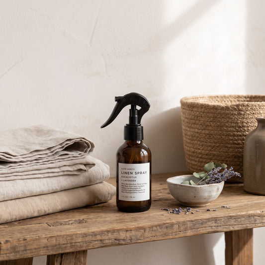 Slow North Linen Spray, Eucalyptus + Lavender / 4 oz., styled at home