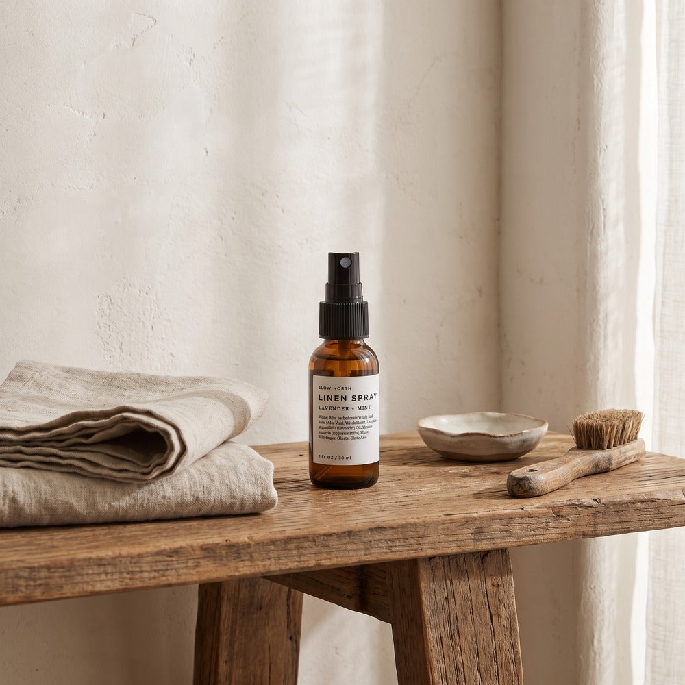 Slow North Linen Spray, Lavender + Mint 1 oz, styled at home
