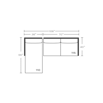 Plan drawing: Left Chaise + 2 Seat End, Separate Cushions