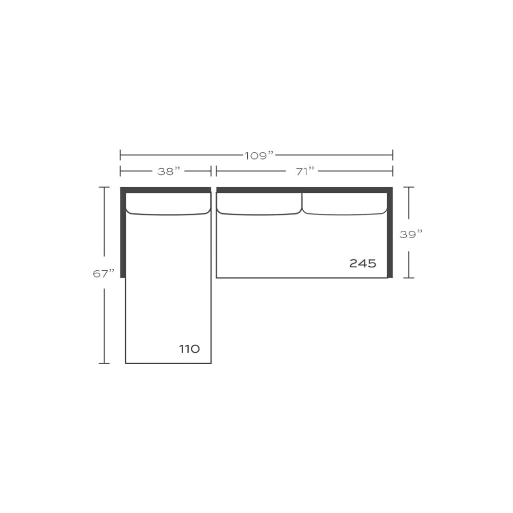 Plan drawing: Standard Seat, Left Chaise + 2 Seats, Bench Cushion