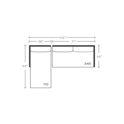 Plan drawing: Standard Seat, Left Chaise + 2 Seats, Bench Cushion
