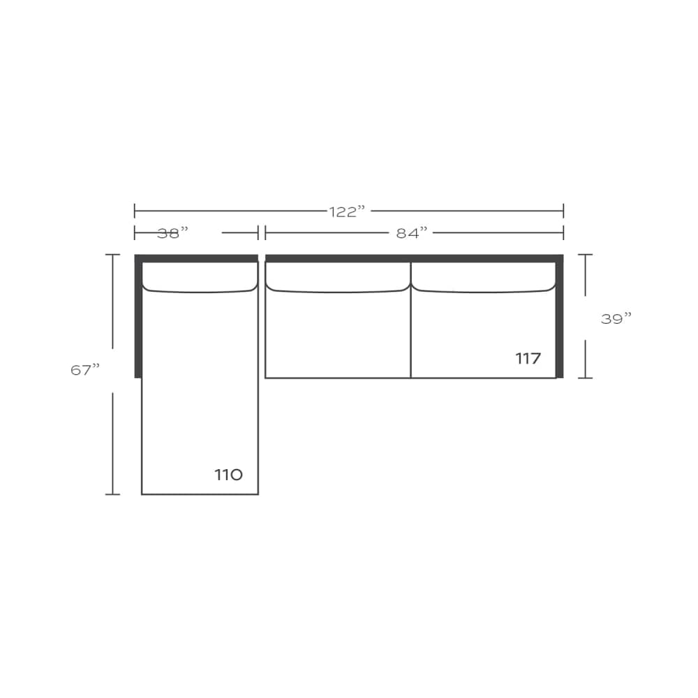 Plan drawing: Standard Seat, Left Chaise + 2 Wide Seats, Separate Cushions