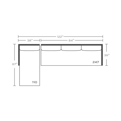 Plan drawing: Standard Seat, Left Chaise + 2 Wide Seats, Bench Cushion