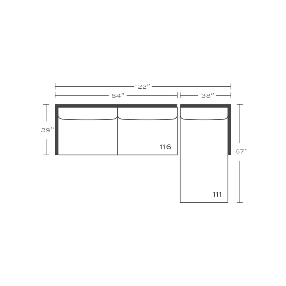 Plan drawing: Standard Seat, Right Chaise + 2 Wide Seats, Separate Cushions