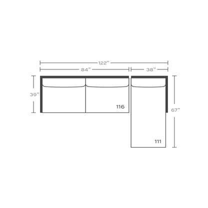 Plan drawing: Standard Seat, Right Chaise + 2 Wide Seats, Separate Cushions