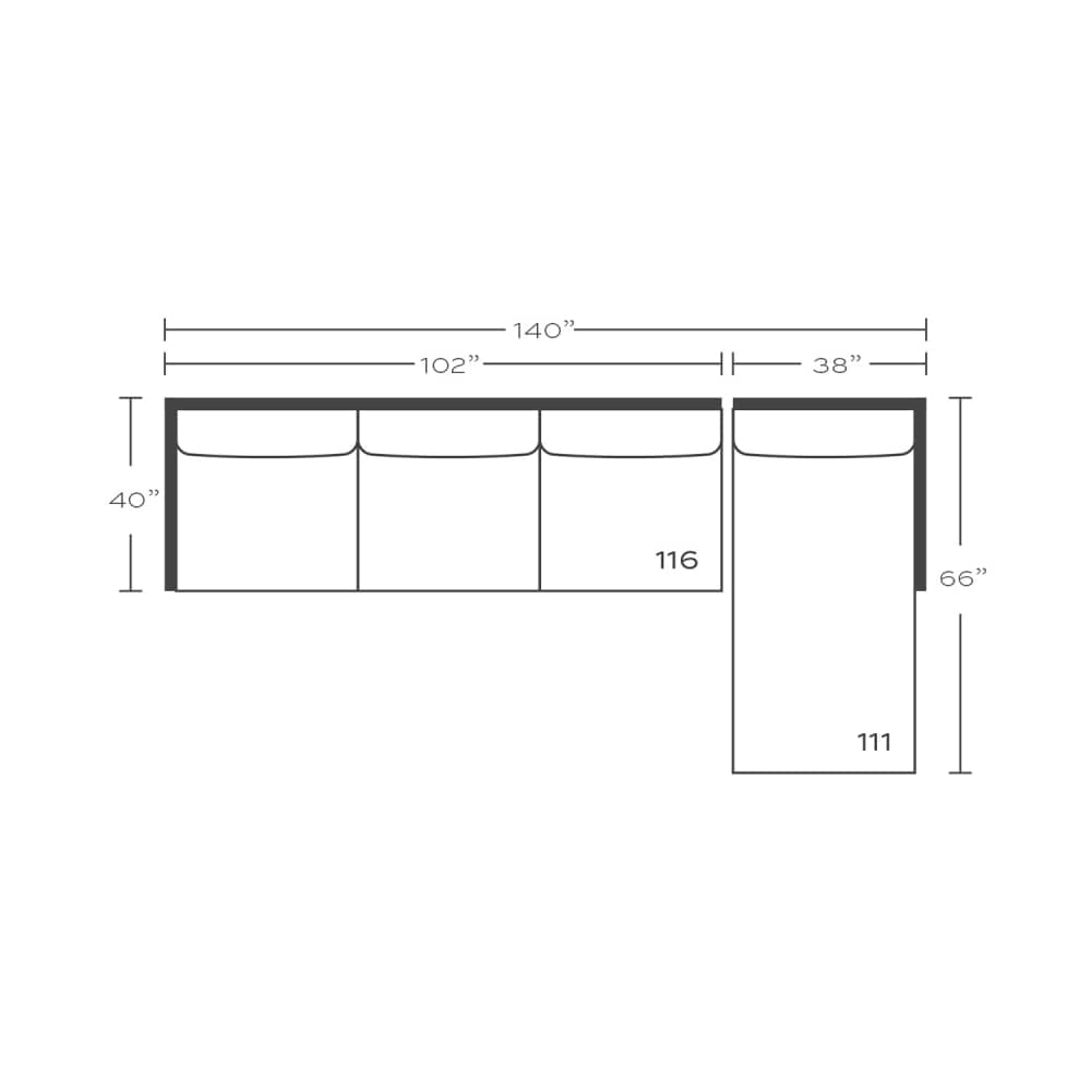 Plan drawing: Right Chaise + 3 Seat End, Separate Cushions