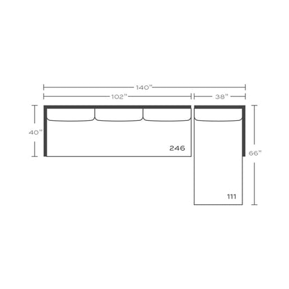 Plan drawing: Right Chaise + 3 Seat End, Bench Cushion