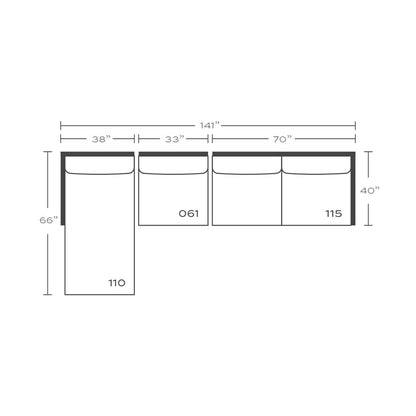 Plan drawing: Left Chaise + Armless + 2 Seat End, Separate Cushions