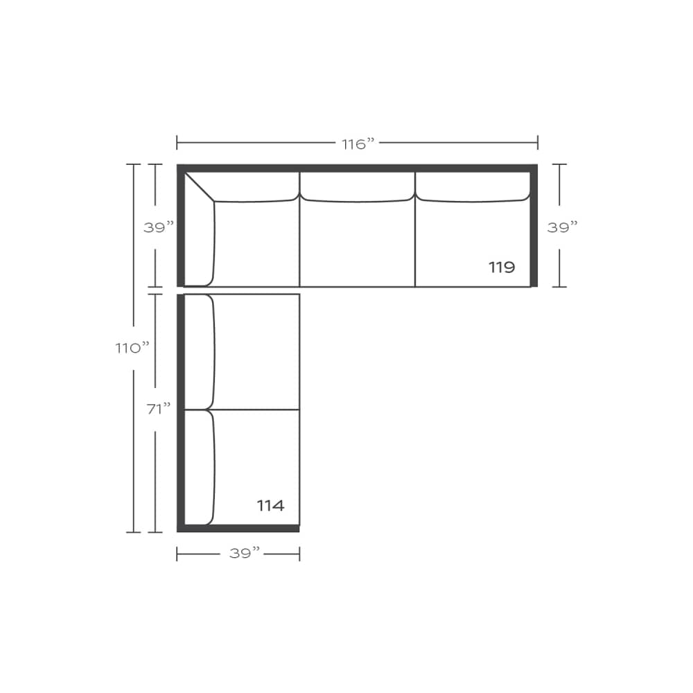 Plan drawing: Standard Seat, Left Return, 3 + 2 Seats, Separate Cushions