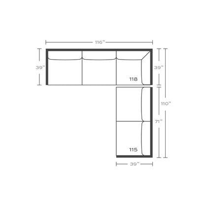 Plan drawing: Standard Seat, Right Return, 3 + 2 Seats, Separate Cushions