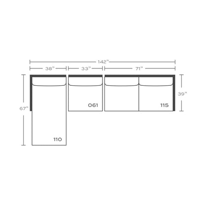 Plan drawing: Standard Seat, Left Chaise + 3 Seats, Separate Cushions