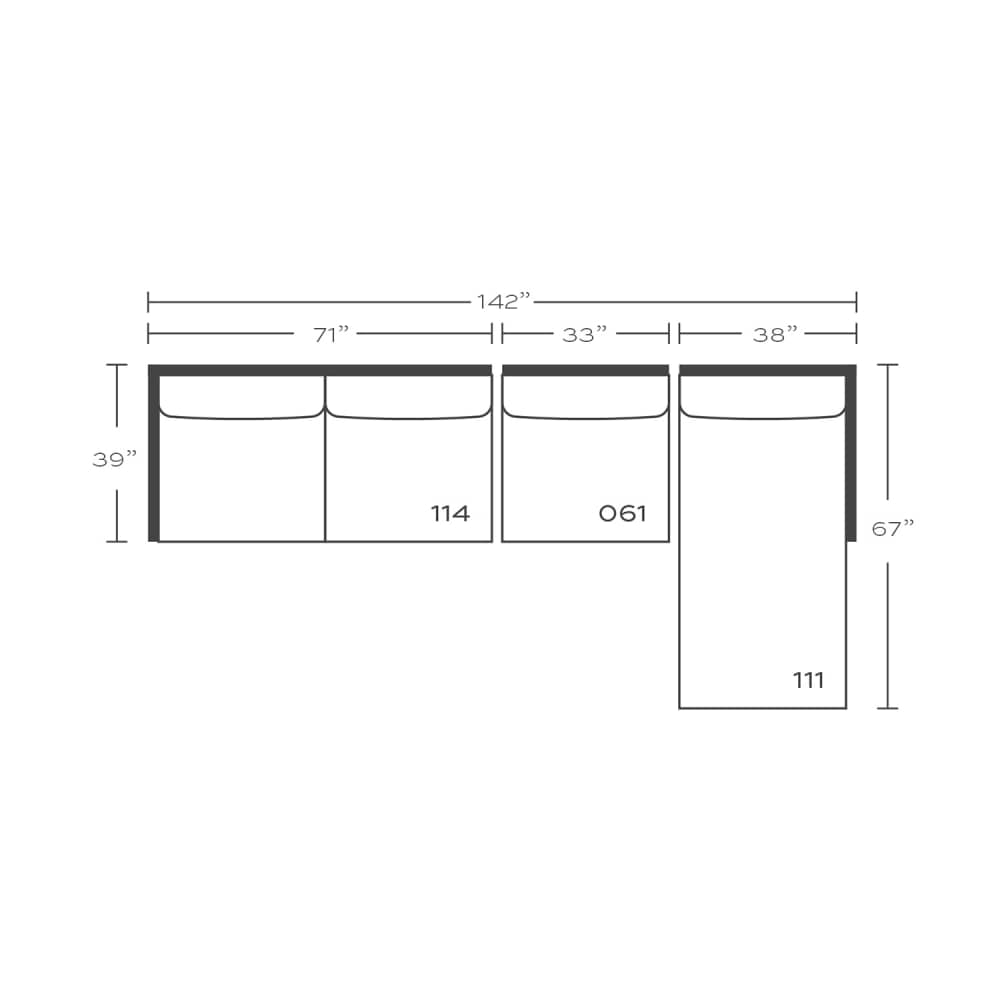 Plan drawing: Standard Seat, Right Chaise + 3 Seats, Separate Cushions
