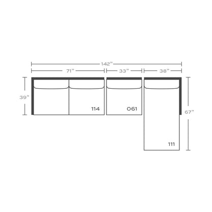Plan drawing: Standard Seat, Right Chaise + 3 Seats, Separate Cushions