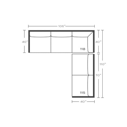 Plan drawing: Right Return, 3 + 2 Seats, Separate Cushions
