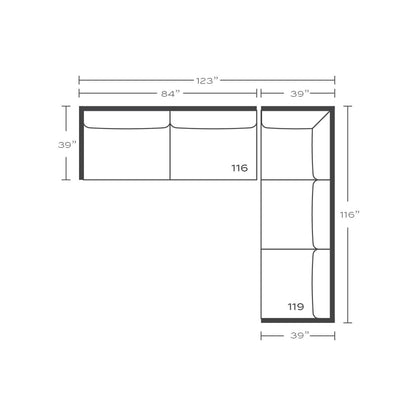 Plan drawing: Standard Seat, Right Return, 3 + 2 Wide Seats, Separate Cushions