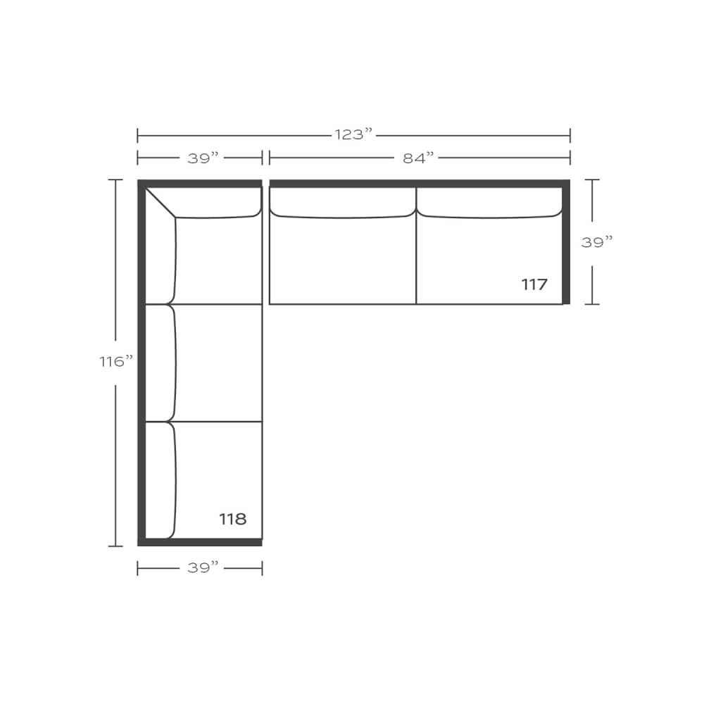 Plan drawing: Standard Seat, Left Return, 3 + 2 Wide Seats, Separate Cushions