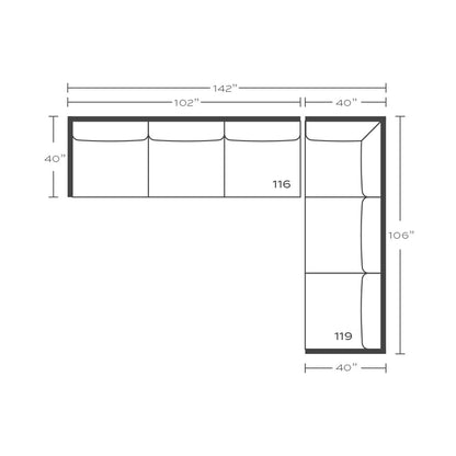 Plan drawing: Right Return, 3 + 3 Seats, Separate Cushions
