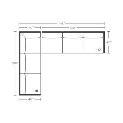 Plan drawing: Left Return, 3 + 3 Seats, Separate Cushions