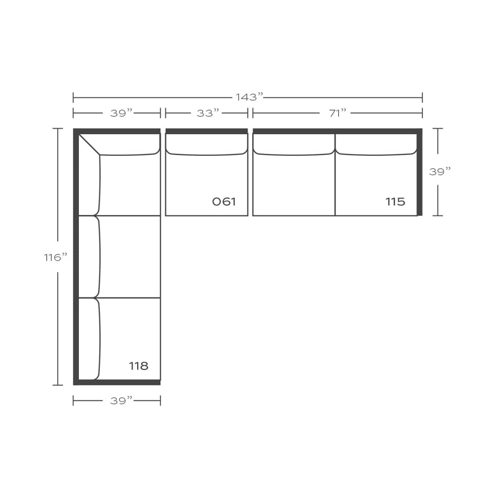 Plan drawing: Standard Seat, Left Return, 3 + 3 Seats, Separate Cushions