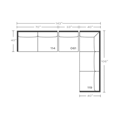 Plan drawing: Right Return, 3 + 3 Seats with Armless, Separate Cushions