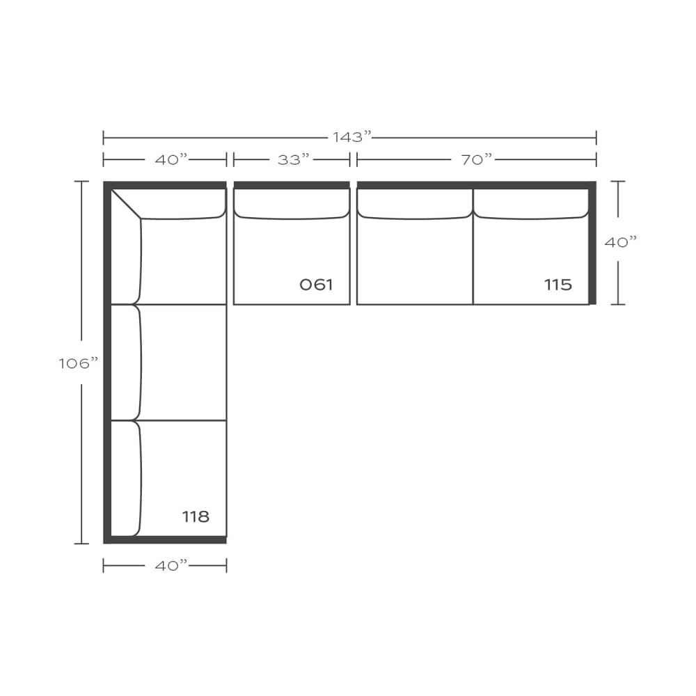 Plan drawing: Left Return, 3 + 3 Seats with Armless, Separate Cushions