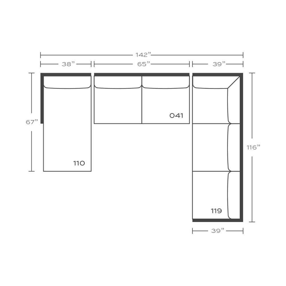 Plan drawing: Standard Seat, Left Chaise + Corner Side, Separate Cushions