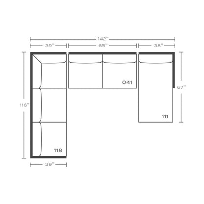 Plan drawing: Standard Seat, Right Chaise + Corner Side, Separate Cushions