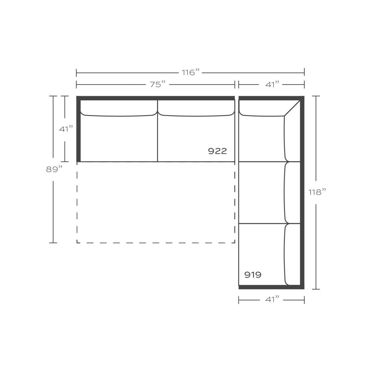 Plan drawing: Right Return, 3 + 2 Seats, Separate Cushions