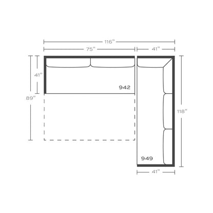 Plan drawing: Right Return, 3 + 2 Seats, Bench Cushion