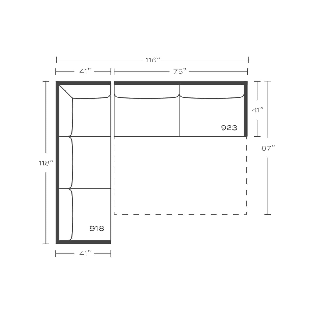 Plan drawing: Left Return, 3 + 2 Seats, Separate Cushions