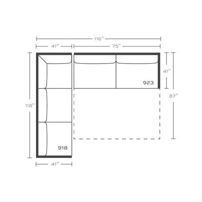 Plan drawing: Left Return, 3 + 2 Seats, Separate Cushions