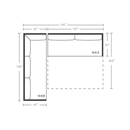 Plan drawing: Left Return, 3 + 2 Seats, Bench Cushion