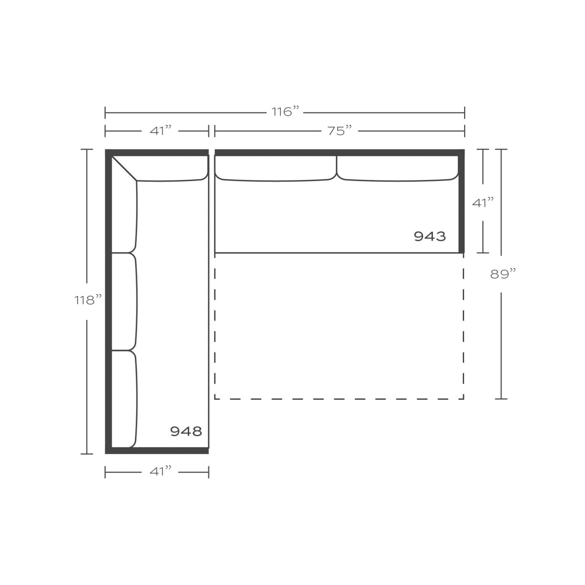 Plan drawing: Left Return, 3 + 2 Seats, Bench Cushion