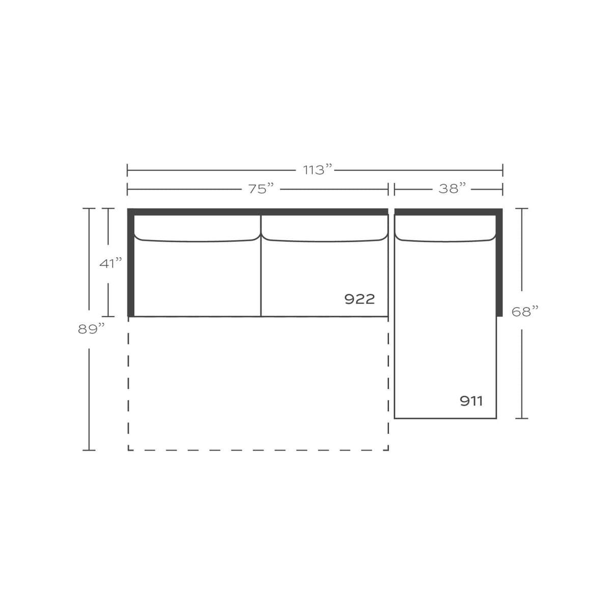 Plan drawing: Right Chaise + 2 Seat Sleeper End, Separate Cushions