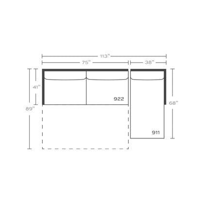 Plan drawing: Right Chaise + 2 Seat Sleeper End, Separate Cushions