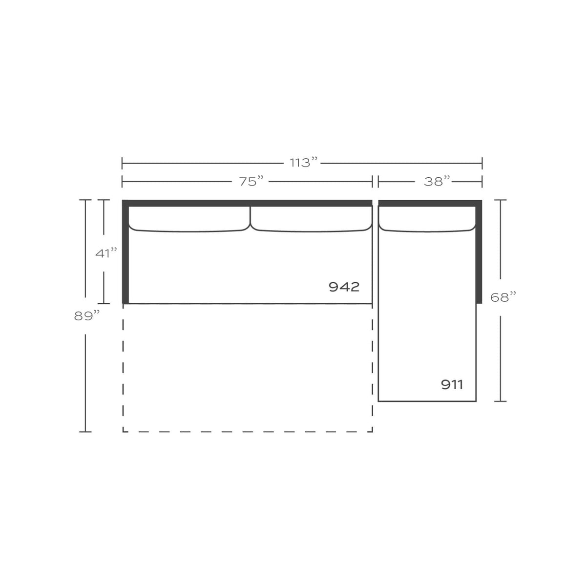 Plan drawing: Right Chaise + 2 Seat Sleeper End, Bench Cushion