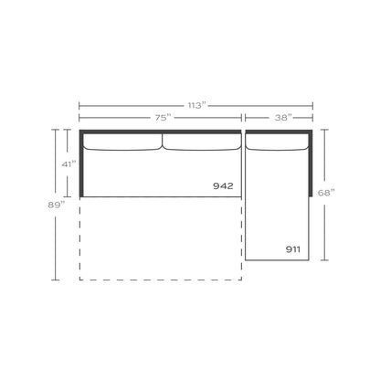 Plan drawing: Right Chaise + 2 Seat Sleeper End, Bench Cushion