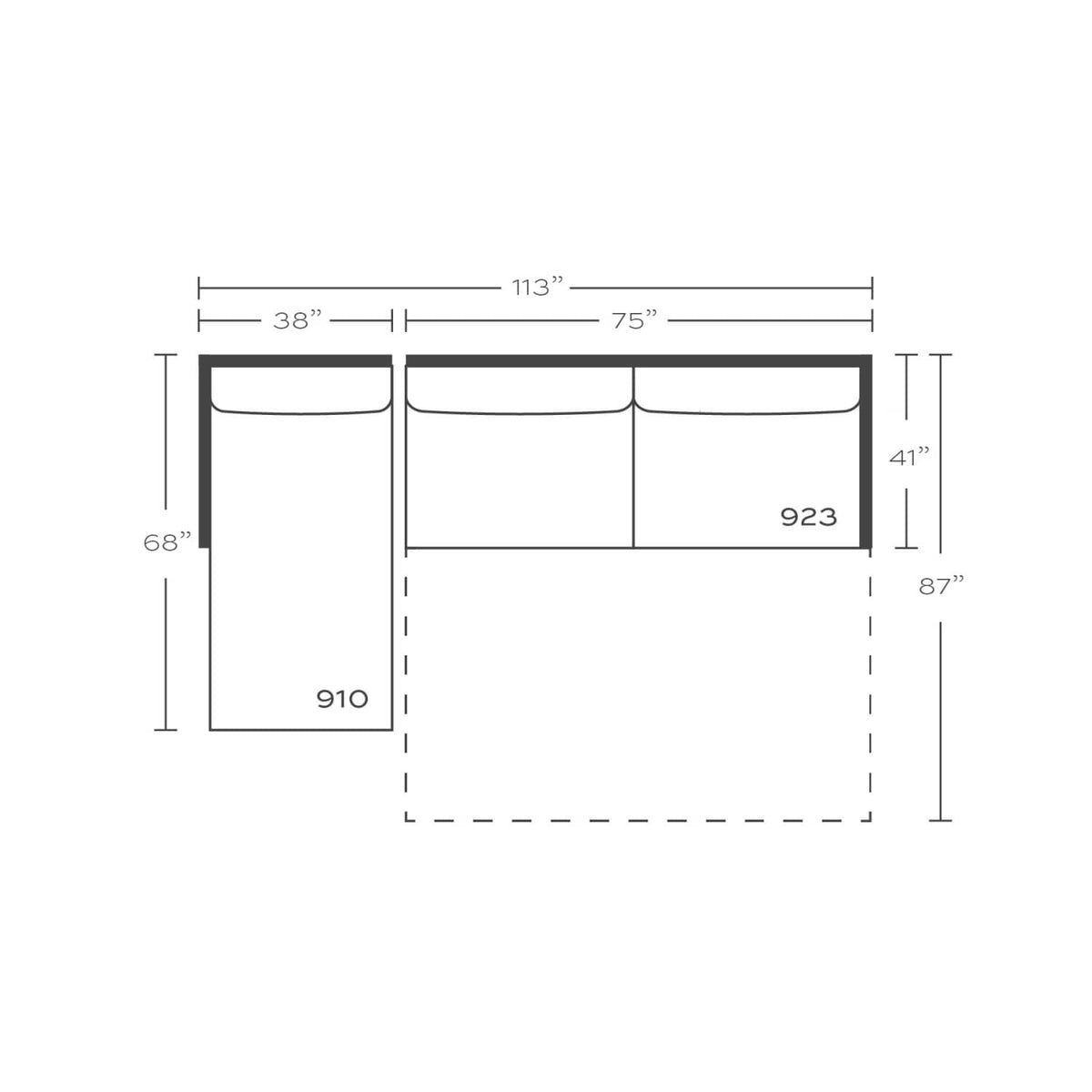 Plan drawing: Left Chaise + 2 Seat Sleeper End, Separate Cushions