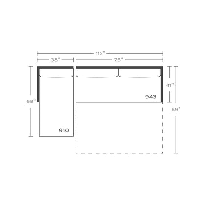 Plan drawing: Left Chaise + 2 Seat Sleeper End, Bench Cushion