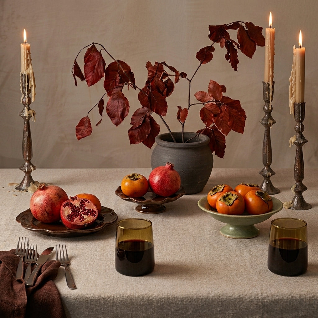 A table set for fall with brass candlesticks, pomegranates, persimmons and branches of red leaves