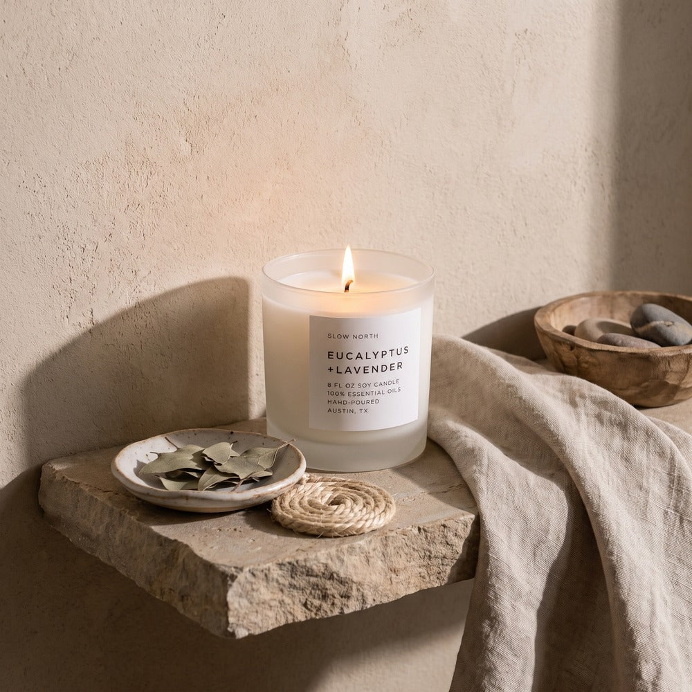 Slow North Candles, Eucalyptus + Lavender, styled at home