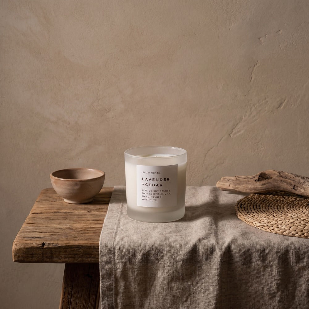Slow North Candles, Lavender + Cedar, styled at home