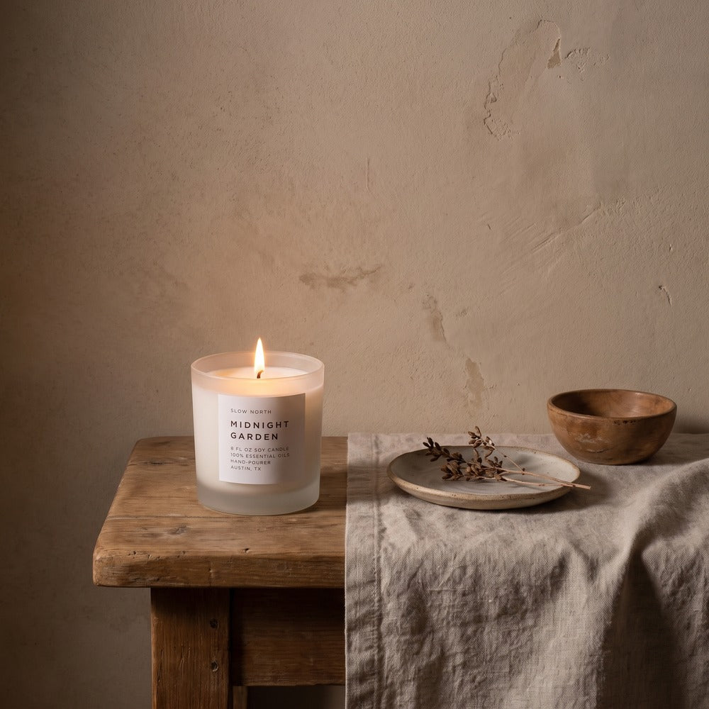 Slow North Candles, Midnight Garden, styled at home