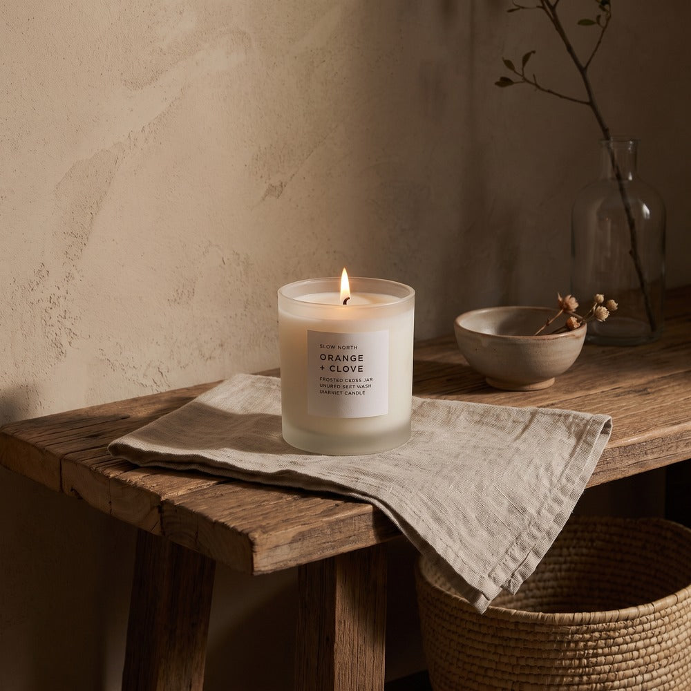 Slow North Candles, Orange + Clove, styled at home
