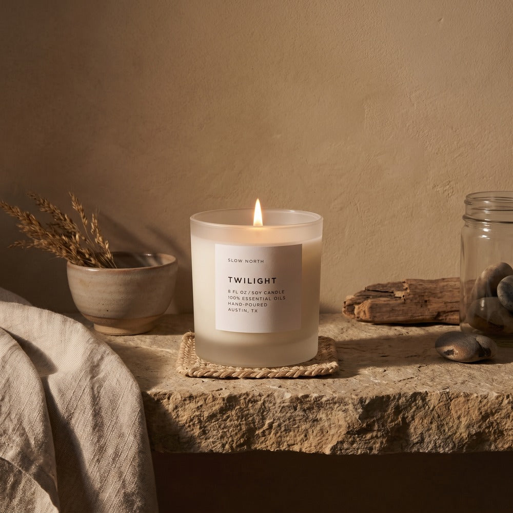 Slow North Candles, Twilight, styled at home