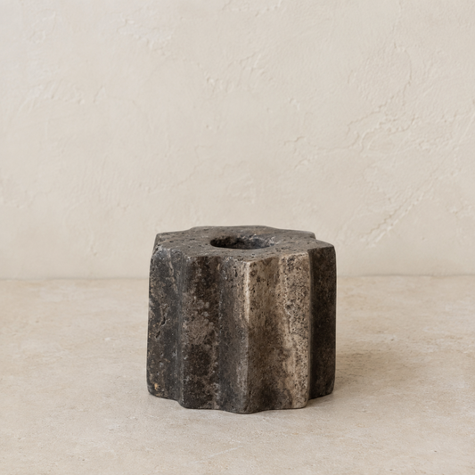 Carved Gray Travertine Taper Holder
