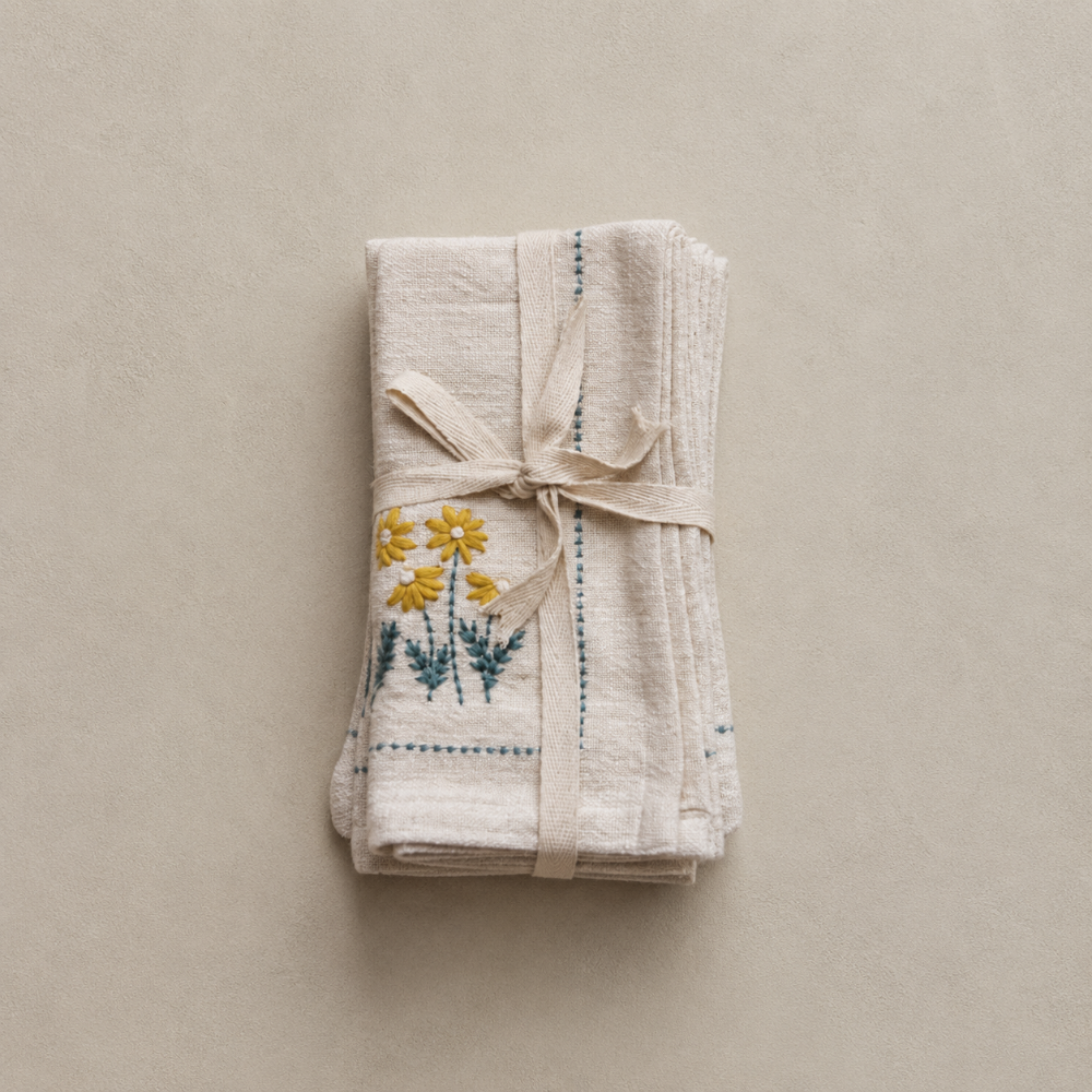 Flower Embroidered Cotton Napkins (Set of 4)